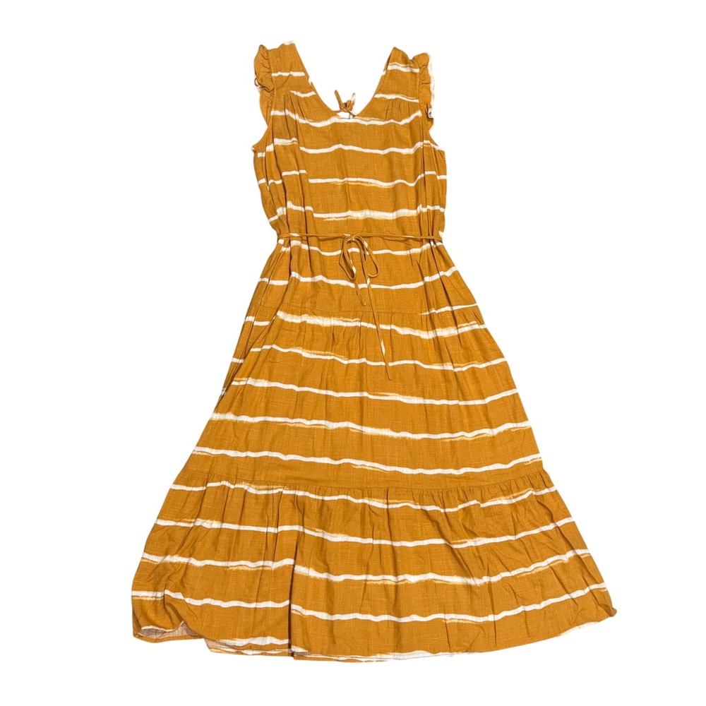 Simply Vera Vera Wang Dress Women M Yellow Striped New Midi Linen Blend $75 Fall